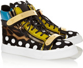 Thumbnail for your product : Giuseppe Zanotti London leather and printed silk-satin high-top sneakers