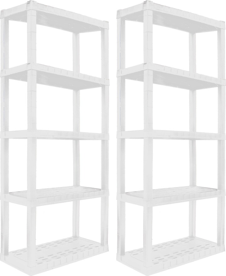 Hyper Tough Plastic Shelves Garage Shelving Unit for Garage Basement and Home Use 5-Tier 75"H x 14'D x 30"W 2-Pack White-500Ibs Total Capacity