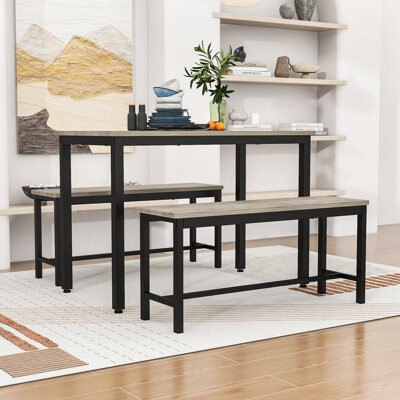 Ebern Designs 3-Piece Space-Saving Dining Table Set with 2 Benches and Durable Steel Frame