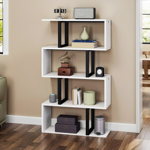 Balconera WhiteModernSShapedBookshelf5-TierBookshelfZ-ShelfBookshelvesWoodBookshelf,DisplayStorageShelfFreestandingDecorativeStorageShelving