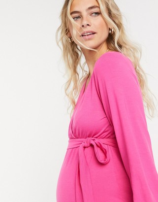 Mama Licious Mamalicious Maternity wrap top with volume sleeve in pink