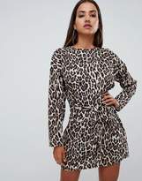 Thumbnail for your product : PrettyLittleThing tie waist dress in leopard