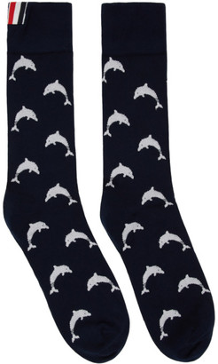 Thom Browne Navy Intarsia Dolphin Mid-Calf Socks