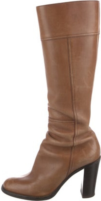 Miu Miu Vintage Knee-High Boots Brown Leather Round-Toes Exposed Zip Closure at Sides Designer