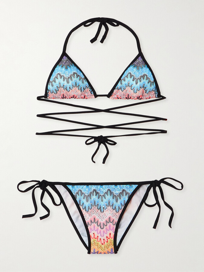 Missoni Mare Sequin-embellished Striped Crochet-knit Triangle Bikini - Blue