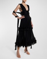 Thumbnail for your product : Maria Lucia Hohan Tania Plunging Tiered-Ruffle Tea-Length Dress w/ Shawl