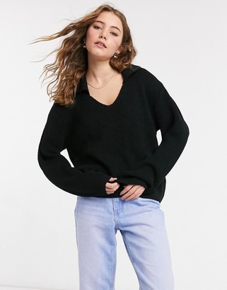 ASOS DESIGN v neck sweater with collar in black - ShopStyle