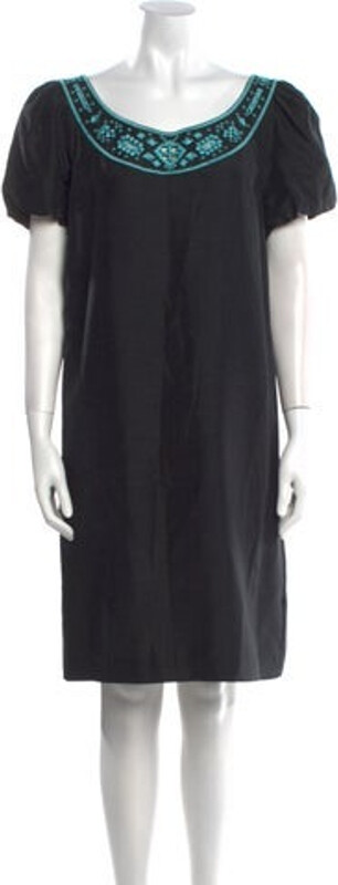 Tory Burch Silk Shift Dress Black & Blue Embroidered & Cutout Accents Short Sleeve with Scoop Neck Concealed Zip Closure at Back Designer