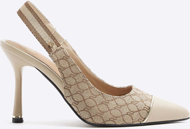 River Island Womens Beige Wide Fit Monogram Heeled Court Shoes