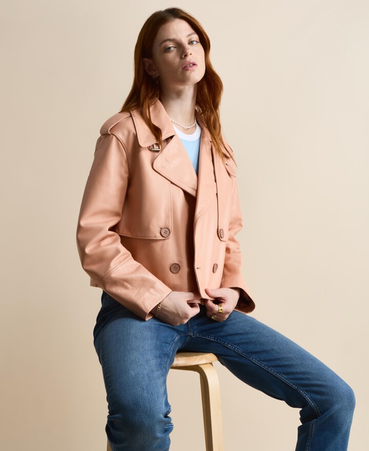 Furniq Uk Women's Leather Cropped Trench Style Jacket