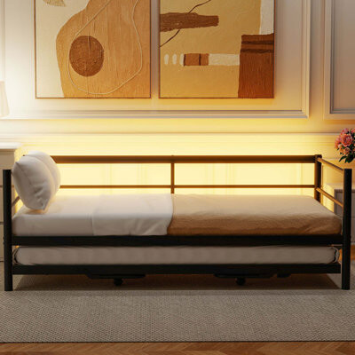 Twin Size Metal Daybed With LED And Adjustable Trundle, Pop Up Trundle
