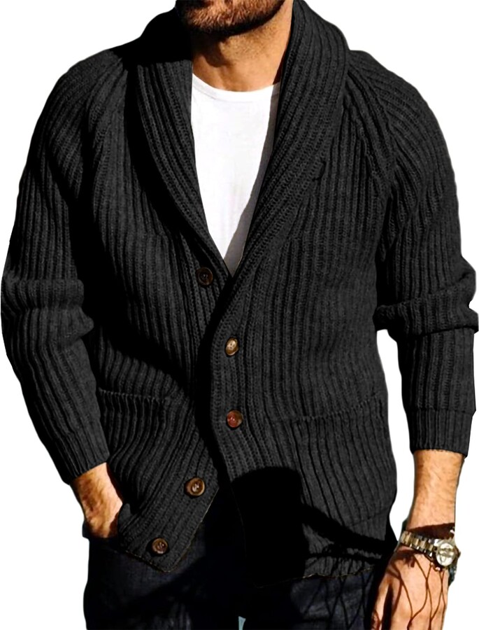 FUERI Mens Cardigan Knitted Jacket Shawl Collar Loose Chunky Cable Knit V  Neck Knitwear Outerwear - ShopStyle
