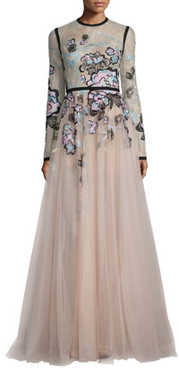 Elie Saab Floral-Embroidered Long-Sleeve Gown, Blush/Multi