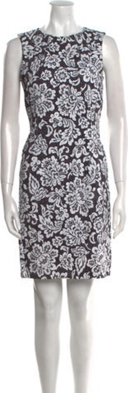 Michael Kors Collection Sheath Dress Black Printed Lace Trim Embellishment Sleeveless with Crew Neck Concealed Zip Closure at Back