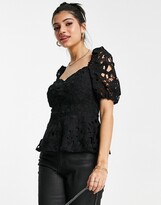 Thumbnail for your product : Lipsy lace fluted hem puff sleeve top in black