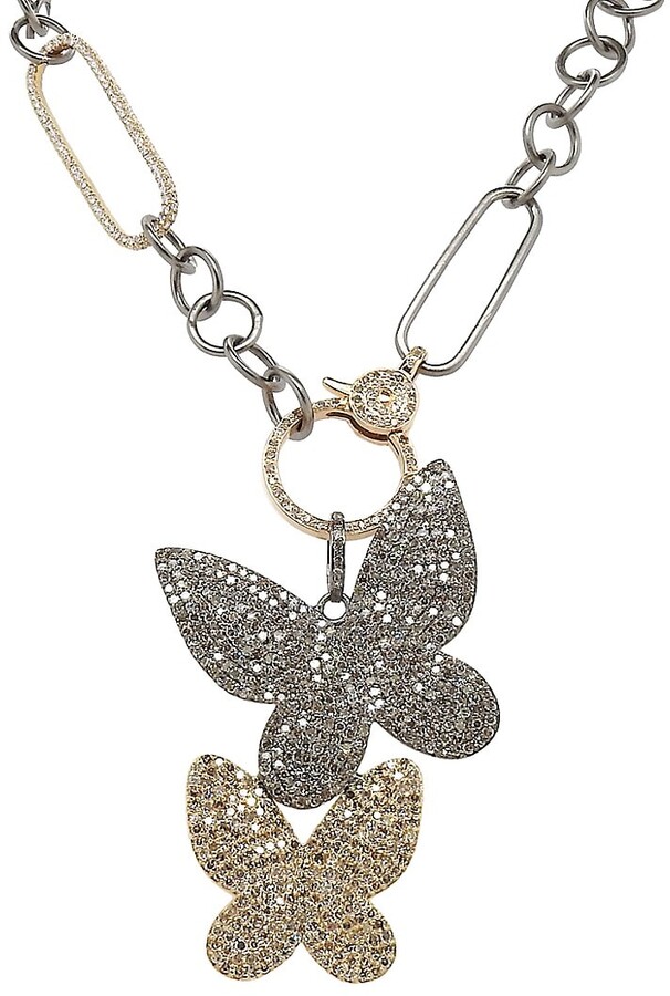 Rodium Plated 18 Inch Double Chain With Butterfly Crystal Pendant 