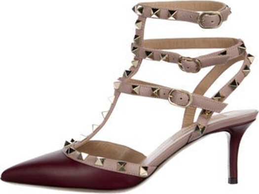 Valentino Leather T-Strap Pumps Pink Colorblock Pattern Rockstud Accents Pointed-Toes with Studded Accents Platform Multistrap & Buckle Closure at Ankles Includes Box Designer