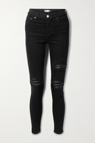 Thumbnail for your product : Amiri Mx1 Leather-trimmed Distressed High-rise Slim-leg Jeans - Black