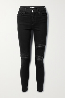 Amiri Mx1 Leather-trimmed Distressed High-rise Slim-leg Jeans - Black