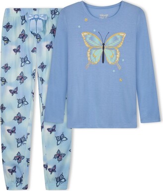 Sleep On It Girls Gold Butterfly Soft Fleece 2-Piece Pajama Sleep Set - Blue, Size: M 10/12