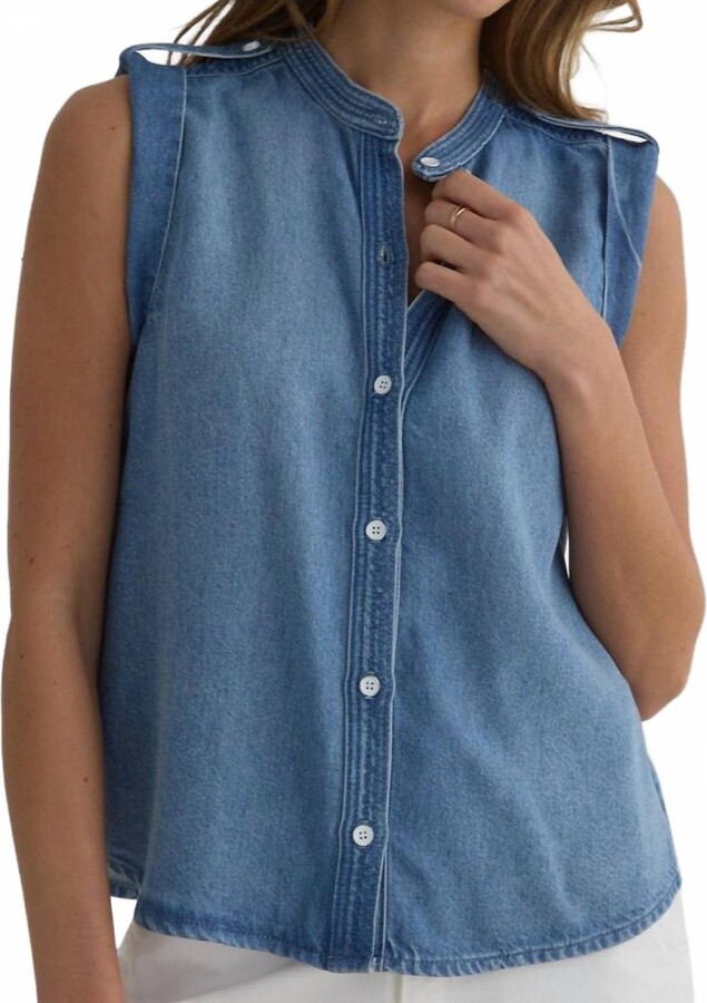 Bella Dahl Roll Sleeve With Tab Button Up Top In Amalfi Blue