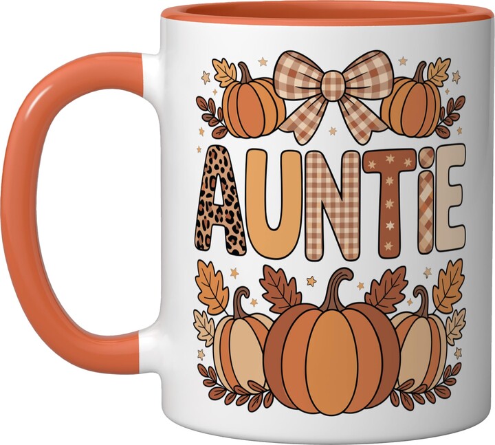 Autumn Auntie Pumpkin Fall Harvest Aesthetic Auntie Autumn Bow Pumpkin Spice Fall Thanksgiving Aunt Ceramic Mug, Orange/White