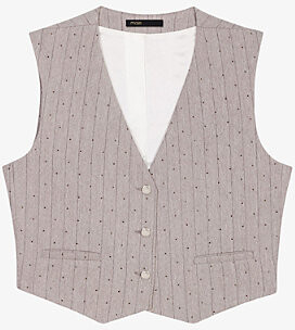 Maje Womens Light Grey Rhinestone-Embellished V-Neck Stretch-Woven Waistcoat 14