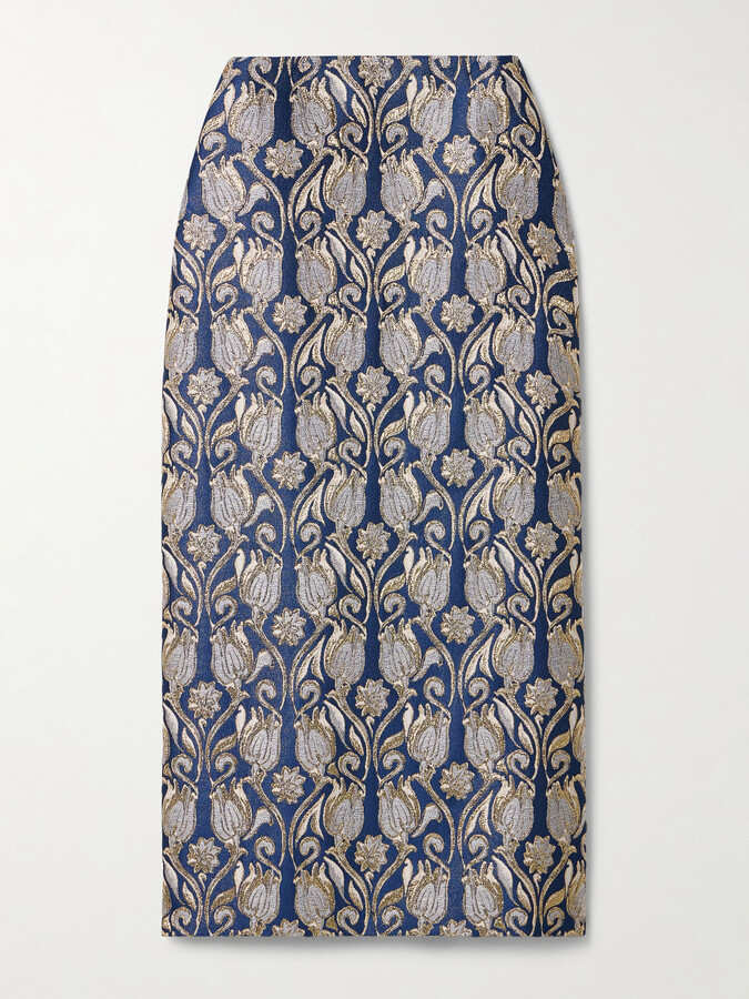 Valentino Garavani Metallic Floral-brocade Midi Skirt - Blue