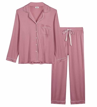 Sanfo Womens Soft Bamboo Pajama Sets Button Down Long Sleeve Pj Pants Set Sleepwear Rose
