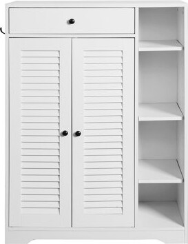Modern Slim Shoe Cabinet Organizer White - 2 Shutter Door Rack Adjustable Storage Shelves & Top Drawer For Entryway Narrow Placement In Keeping Area