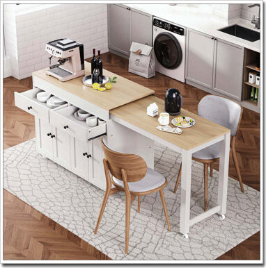 Kitchen Island with Extendable Dining Table,Spice Rack and 2 Drawers, Kitchen Storage Cart with 4 Door Cabinet