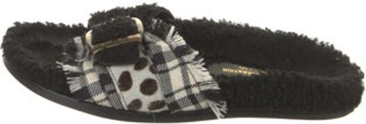 Avec Modération Shearling Slides Black Printed Fringe Trim Accent Buckle Closure At Uppers