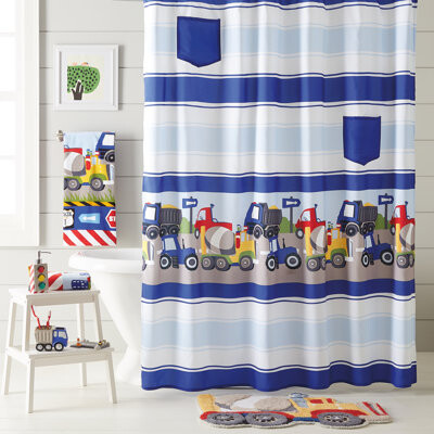 Dream Factory Trains and Trucks Single Shower Curtain + Hooks