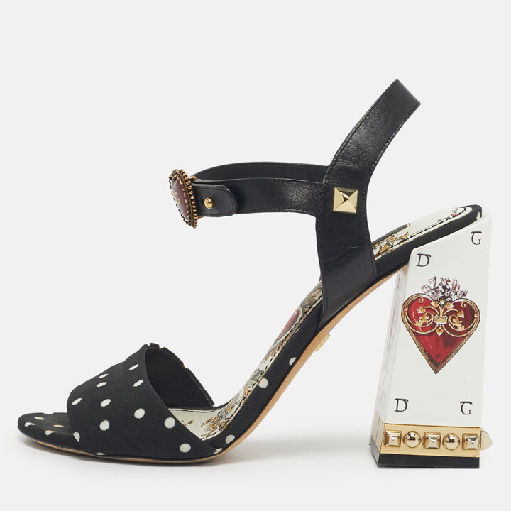 Dolce & Gabbana White/Black Leather Heart Buckle Polka Dot Cady Sandals Size 39.5