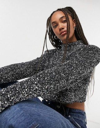 Pepe Jeans Maya high neck sequin crop top with keyhole back in silver