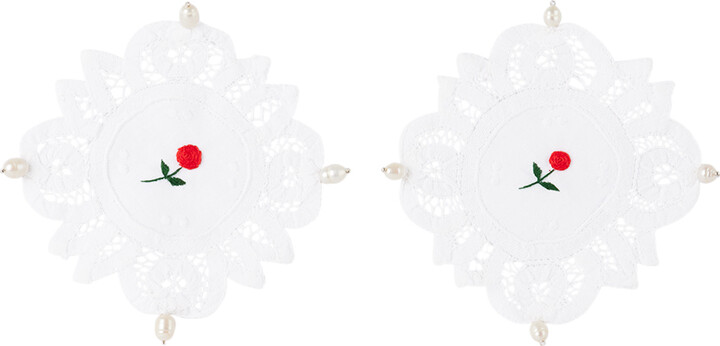 Gohar World White Embroidered Flower Lace & Pearl Coaster Set
