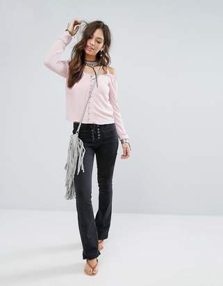 Glamorous Cold Shoulder Long Sleeve Top With Button Front