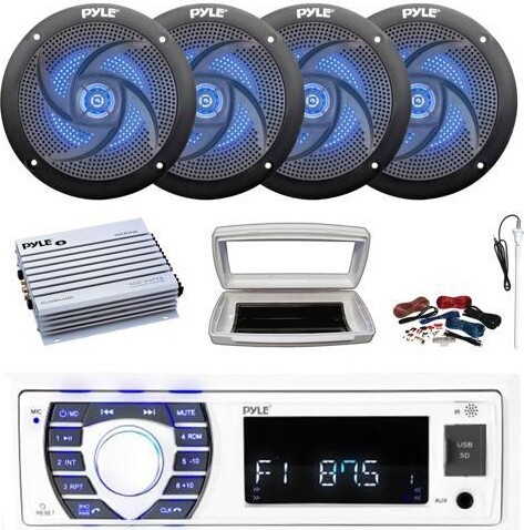 JVC KD-X38MBS Single-DIN Marine Bluetooth USB/AUX LED AM/FM SiriusXM Ready Stereo Receiver W/White Cover, 4x 6.5' 225W Max Power RGB LED White...