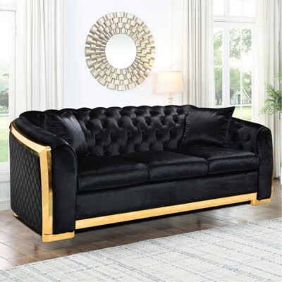 Latitude Run Black 84-Inch Luxury : Velvet 3 With Gold Stainless For Living Room 84-Inches Couch: Room