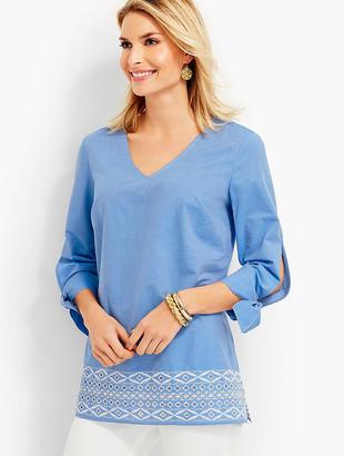 Talbots Tie-Sleeve Embroidered-Eyelet Contrast-Border Tunic