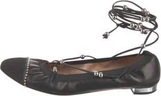 Aquazzura Leather Ballet Flats Black Semi-Pointed Toes Wrap-Around Straps Designer