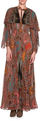 Etro Long-Sleeve Printed Plissé; Silk Gown with Capelet, Red