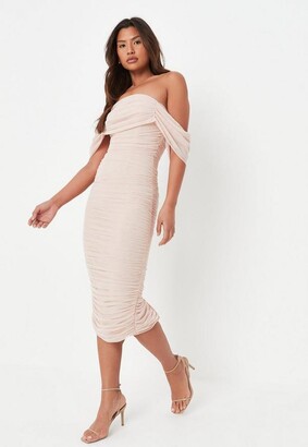Missguided Nude Mesh Ruched Bardot Midaxi Dress - ShopStyle