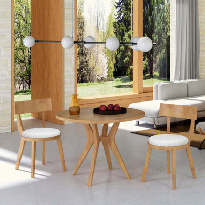 Mid-Century Modern Round Dining Table Set With 2 Chairs, Intersecting Wooden Legs, Rubberwood & Plywood Construction