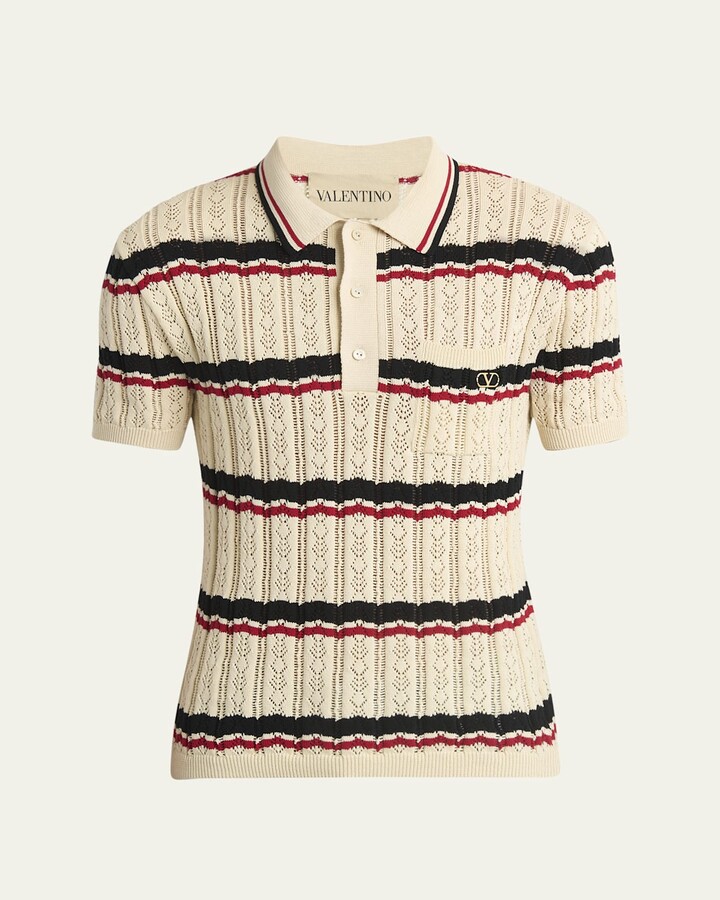 Valentino Garavani Men's Stripe Cotton Eyelet VLogo-Pocket Polo Shirt