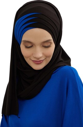 Aisha's Design Jersey Shawl for Women Cotton Wrap Modesty Turban Cap Scarf Black-Sax Blue