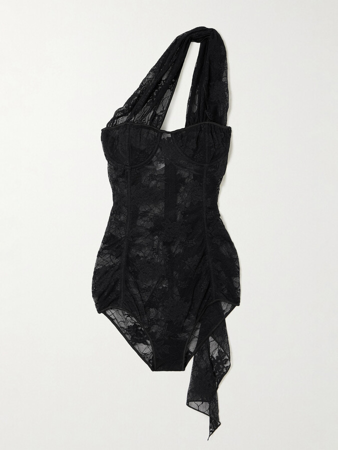 Oseree One-shoulder Draped Stretch-lace Bodysuit - Black