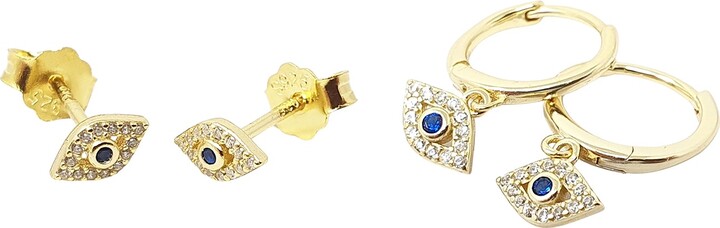 Harfi Gold / Blue Minimalist Evil Eye Earrings Gift Set: Gold Plated Dainty Hoop & Stud Charm Earrings For Protection