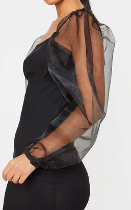 PrettyLittleThing Black Organza Sleeve Cup Detail Bodycon Dress