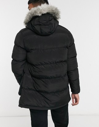 SikSilk puffer parka jacket with faux fur hood in black - ShopStyle